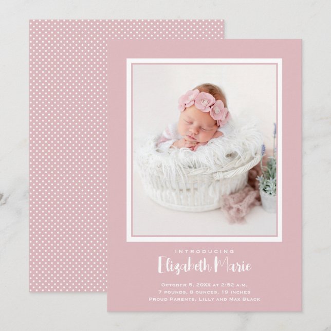 Pink Baby Foto Birth Ankündigung (Vorne/Hinten)