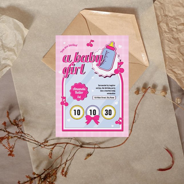 Pink Baby Girl 1. Geburtstag Einladung (Von Creator hochgeladen)