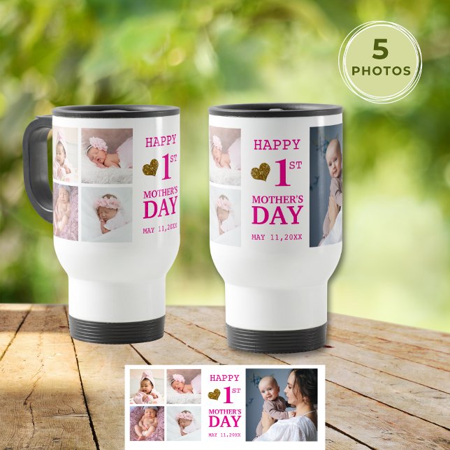 Pink Baby Girl 1. Muttertag 5 FotoCollage Reisebecher (Pink Baby Girl 1st Mother's Day 5 Photo Collage Travel Mug
)