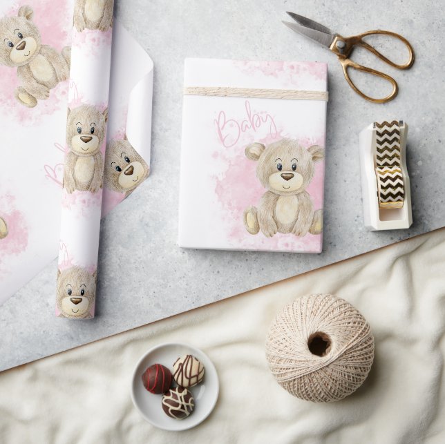 Pink Baby Girl Bear Baby Dusche Geschenkpapier (Kunsthandwerk)