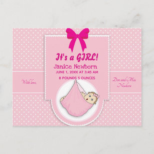 Pink Baby Girl Bundle mit Bow Birth Ankündigung Postkarte