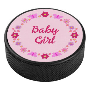 Pink Baby Girl Butterfets und Blume nach Maß Eishockey Puck