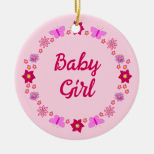 Pink Baby Girl Butterfets und Blume nach Maß Keramik Ornament