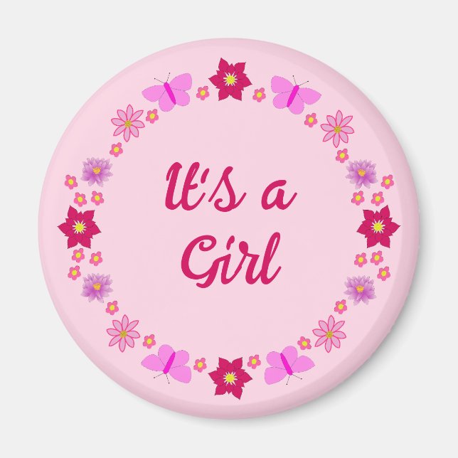 Pink Baby Girl Butterfets und Blume nach Maß Magnet (Vorne)