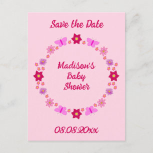 Pink Baby Girl Butterflies und Blume Babydusche Postkarte