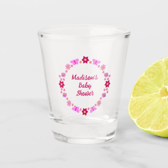 Pink Baby Girl Butterflies und Blume Babydusche Schnapsglas (Vorderseite)