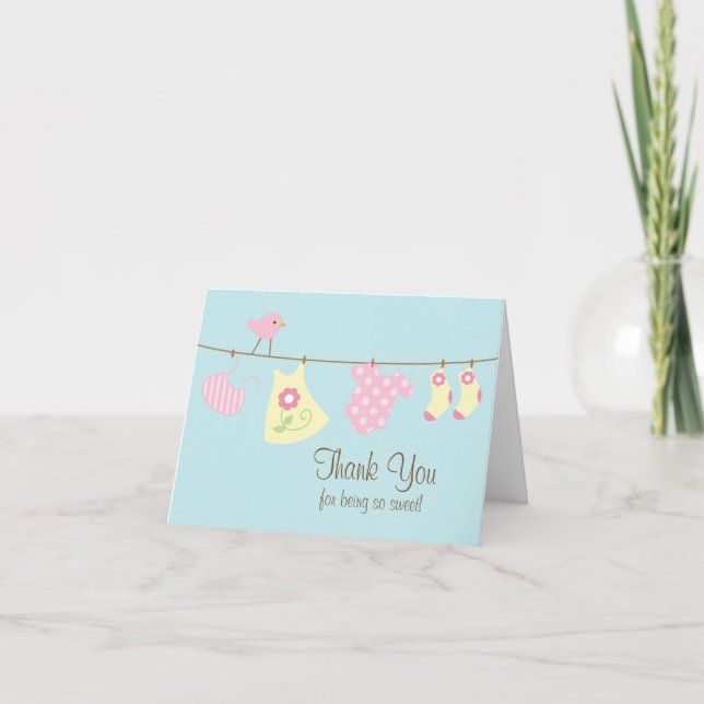 Pink Baby Girl Clothesline Thank You Note Card Dankeskarte (Vorderseite)