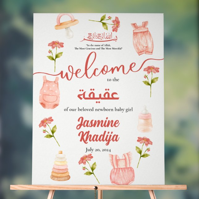 Pink Baby Girl Clothing Aqiqah Aqeeqa Willkommen Acrylschild (Neutral)