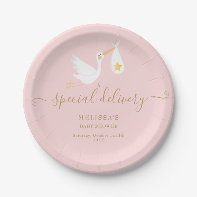 Pink Baby Girl Dusche Special Lieferung Stork Star Pappteller (Vorderseite)