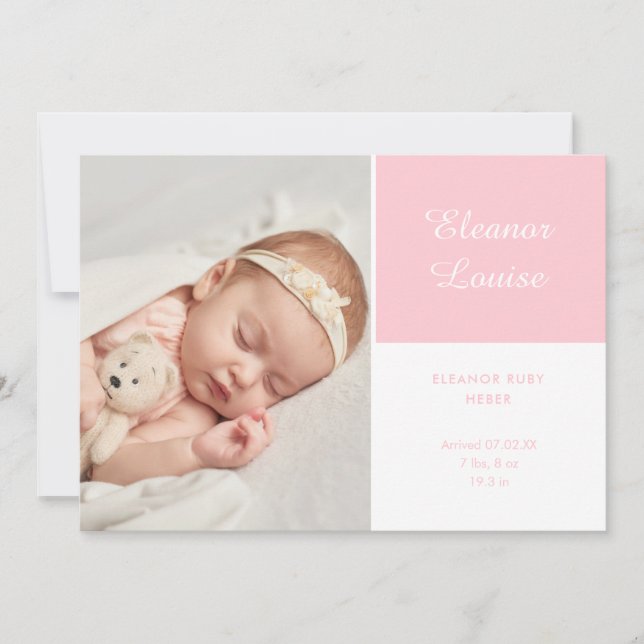 Pink Baby Girl Elegantes Script Foto Birth Ankündigung (Vorderseite)