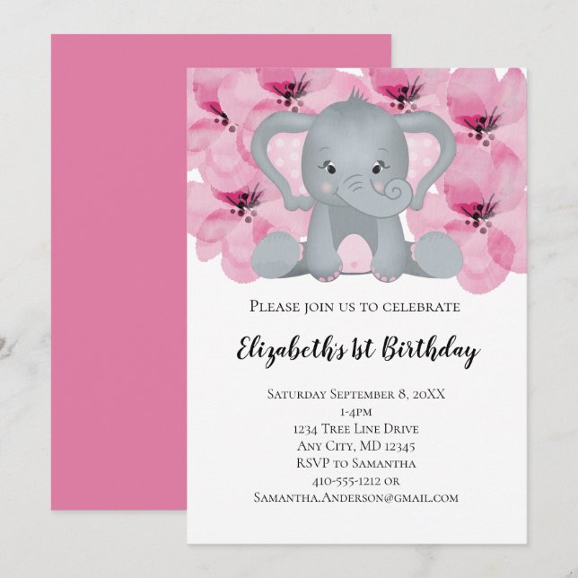 Pink Baby Girl Elephant Blume Niedlich Einladung (Vorne/Hinten)
