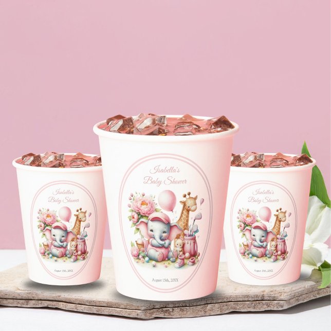 Pink Baby Girl Elephant & Giraffe Golf Baby Dusche Pappbecher (Von Creator hochgeladen)