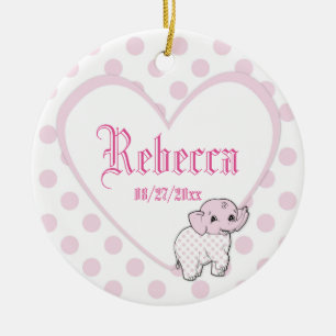 Pink Baby Girl Elephant Heart and Polka Dots Keramik Ornament