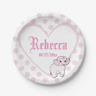 Pink Baby Girl Elephant Heart and Polka Dots Pappteller
