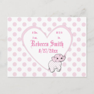 Pink Baby Girl Elephant Heart and Polka Dots Postkarte