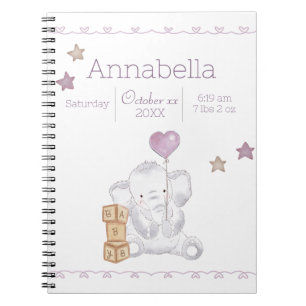 Pink Baby Girl Elephant Individuelle Name Geburtsd Notizblock
