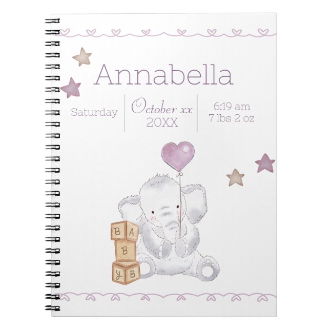 Pink Baby Girl Elephant Individuelle Name Geburtsd Notizblock (Vorderseite)