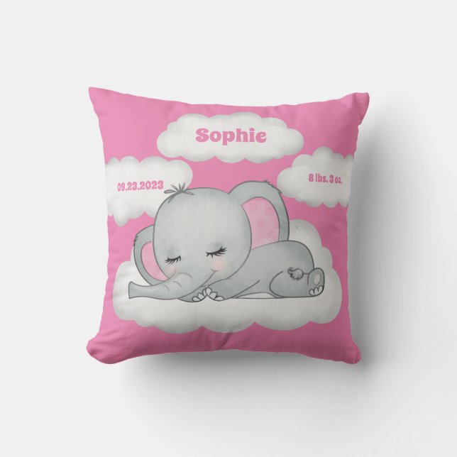 Pink Baby Girl Elephant Keepake Name Birth Stats Kissen (Vorderseite)
