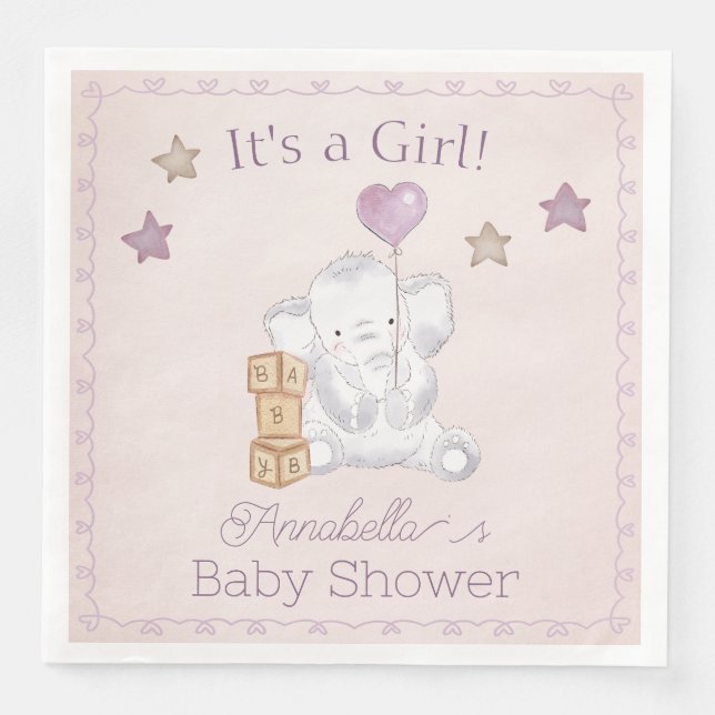 Pink Baby Girl Elephant und Balloon Wassercolor Serviette (Vorderseite)