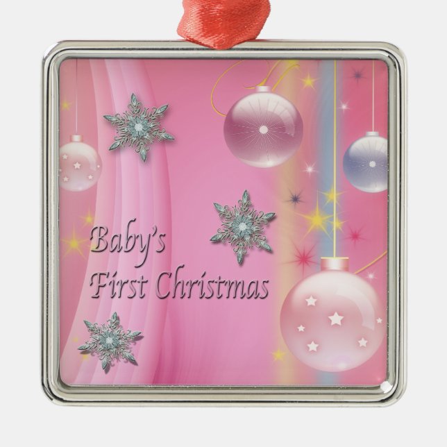 Pink Baby Girl First Christmas Pink First Christma Silbernes Ornament (Vorne)