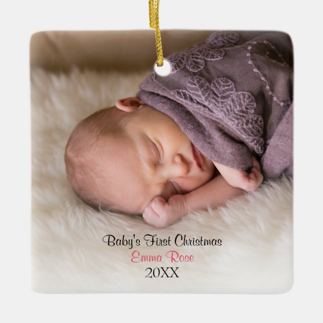 Pink Baby Girl Foto Babys Erste Weihnachten Keramikornament (Vorderseite)