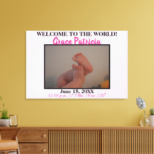 Pink Baby Girl Foto Birth Stats Leinwanddruck