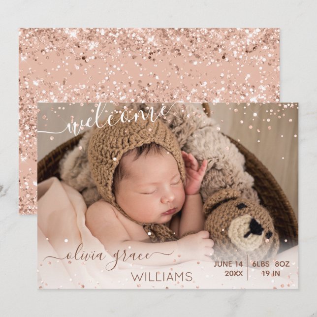 Pink Baby Girl Foto Geburtsankündigung Ankündigung (Vorne/Hinten)