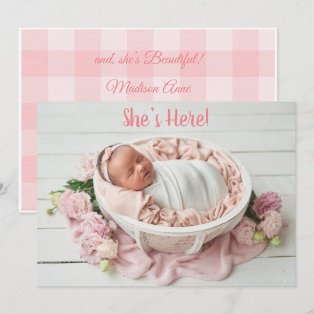 Pink Baby Girl Gingham Kariert Niedlich Ankündigung (Vorne/Hinten)