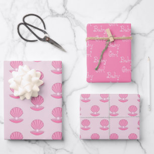 Pink Baby Girl Oyster Muschel und Pearl Baby Dusch Geschenkpapier Set