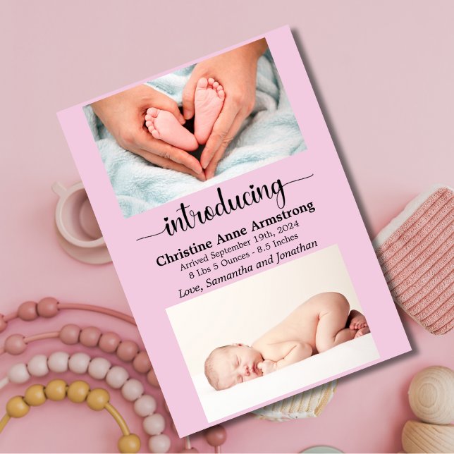 Pink Baby Girl Size and Weight Foto Birth Ankündigung (Von Creator hochgeladen)