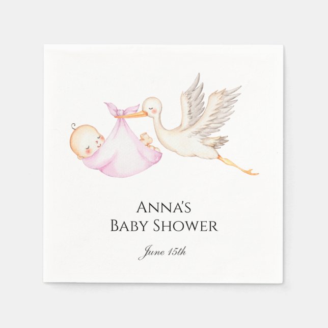 Pink Baby Girl Stork Baby Dusche Serviette (Vorderseite)