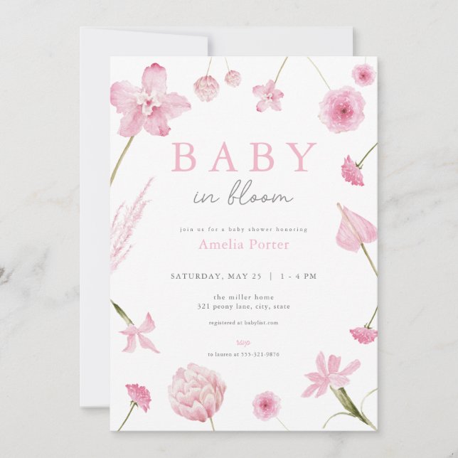 Pink Baby in Bloom Baby Dusche Einladung (Vorderseite)