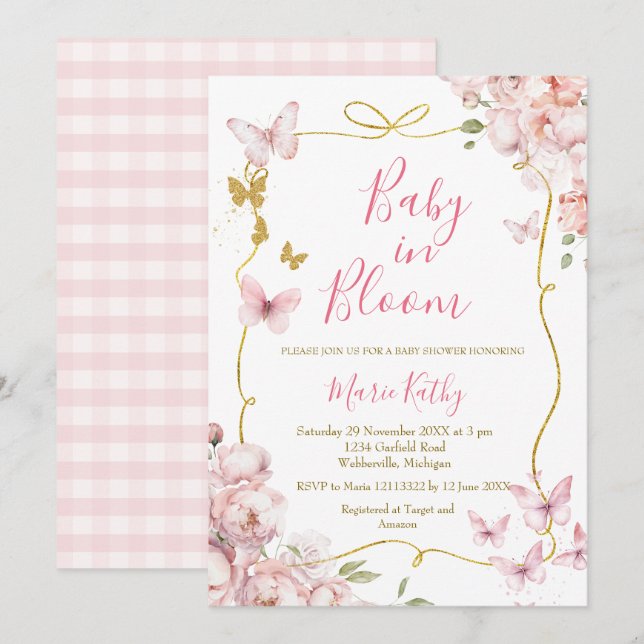 Pink Baby in Bloom Floral Einladung (Vorne/Hinten)