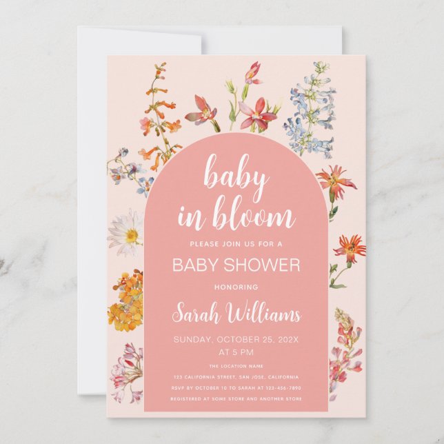 Pink Baby in Bloom Floral Girl Dusche Wildblumen Einladung (Vorderseite)