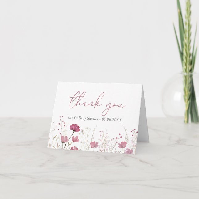 Pink Baby in Bloom Floral Wildblume Babydusche Dankeskarte (Vorderseite)