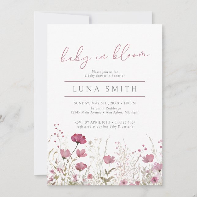 Pink Baby in Bloom Floral Wildblume Babydusche Einladung (Vorderseite)