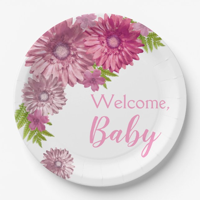 Pink Baby in Blütenbrunch-Dusche Pappteller (Vorderseite)
