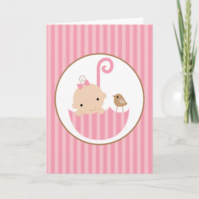 Pink Baby in Umbrella Baby Dusche Karte (Vorderseite)