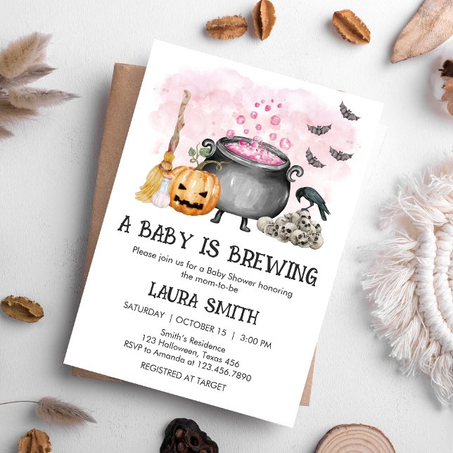 Pink Baby is Brewing Halloween Baby Shower Einladung (Pink Baby is Brewing Halloween Baby Shower Invitation)