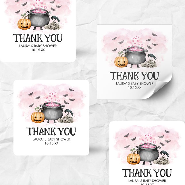 Pink Baby is Brewing Halloween Baby Shower Quadratischer Aufkleber (Pink Baby is Brewing Halloween Baby Shower Square Sticker)