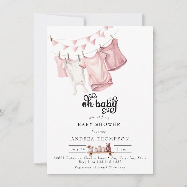 Pink Baby Kleidung | Watercolor Baby Girl Dusche Einladung (Vorderseite)