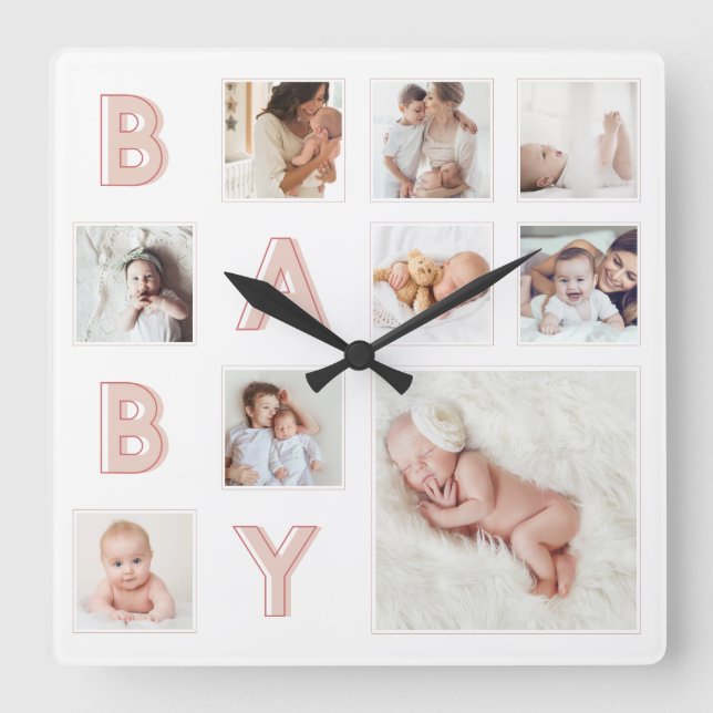 Pink Baby Letters Newborn Baby Foto Grid Collage Quadratische Wanduhr (Vorderseite)