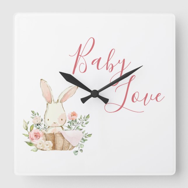 Pink Baby Liebe Script Woodland Forest Bunny Rabbi Quadratische Wanduhr (Vorderseite)