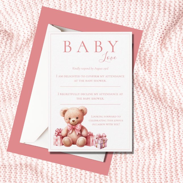 Pink Baby Liebe Watercolor Bärendusche RSVP Karte (Von Creator hochgeladen)