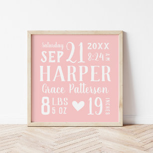 Pink Baby Name and Birth Stats   Editable Colors Poster