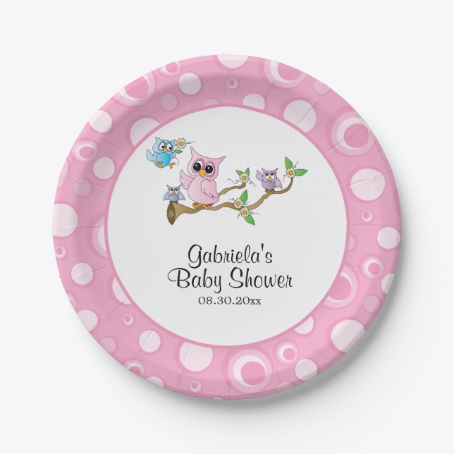 Pink Baby Owl Baby Dusche Thema Pappteller (Vorderseite)