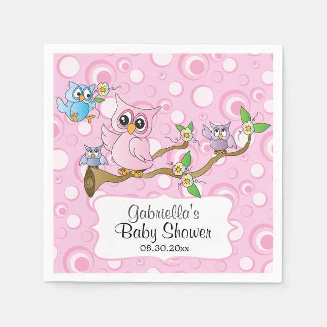 Pink Baby Owls auf einem Zweig Serviette (Vorderseite)