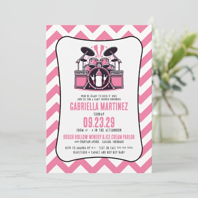 Pink Baby Rock Baby Dusche Einladung (Stehend Vorderseite)