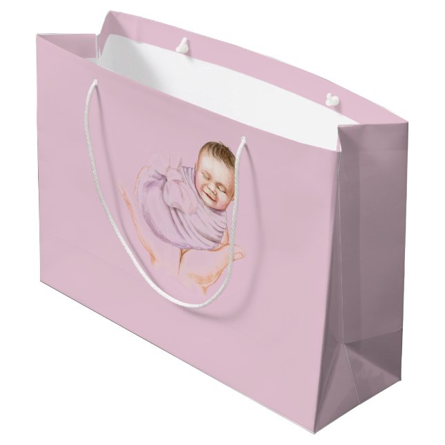 Pink Baby Showbeutel - Personalisierter Name Große Geschenktüte (Rückseite Schrägansicht)