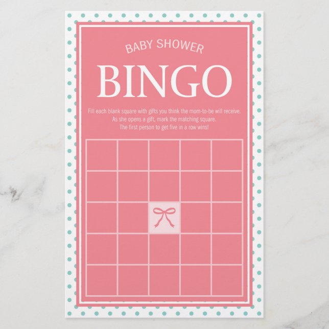 Pink Baby Shower Bingo Polka Dots and Ribbon Briefpapier (Vorderseite)
